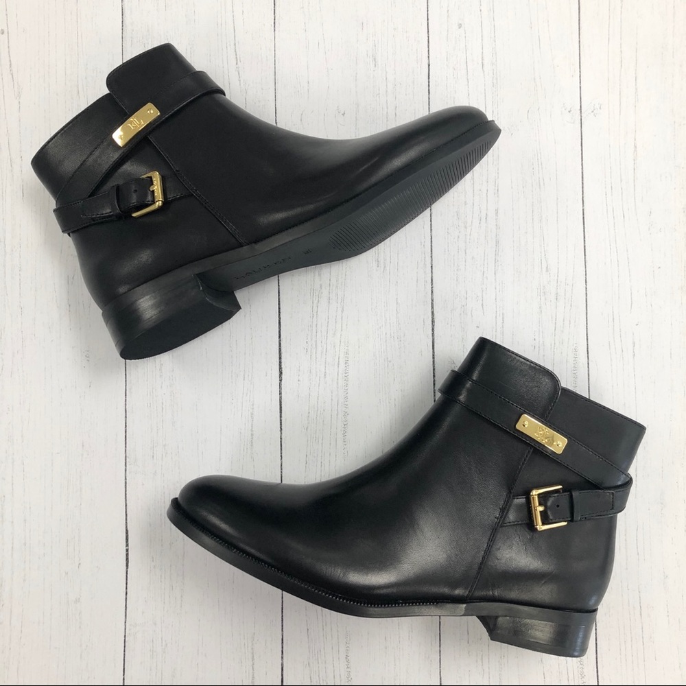 Ralph Lauren Black Borgia Boots With Gold Buckles Size 8
